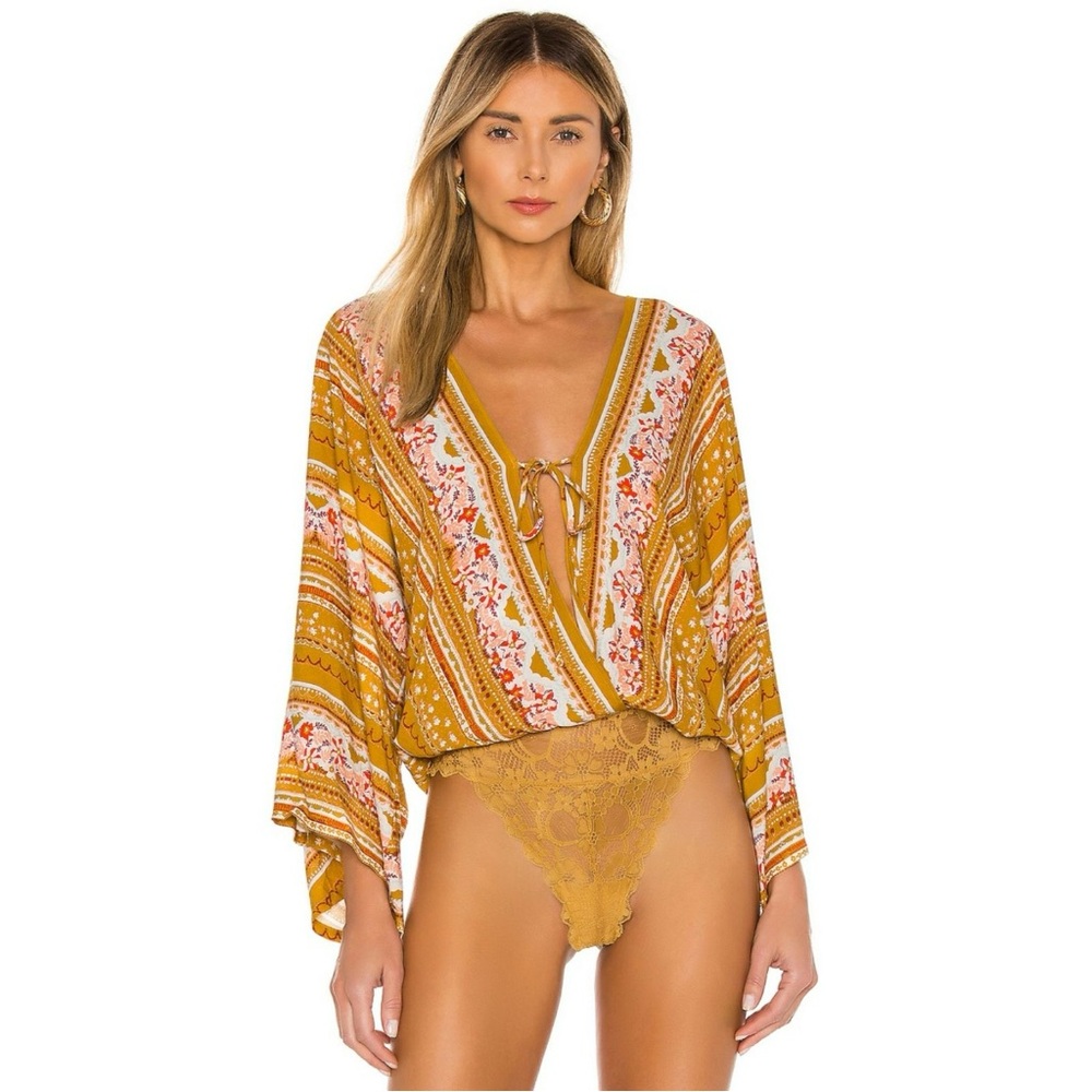 Free‎ People Gold Floral Bodysuit Mustard Sz Small